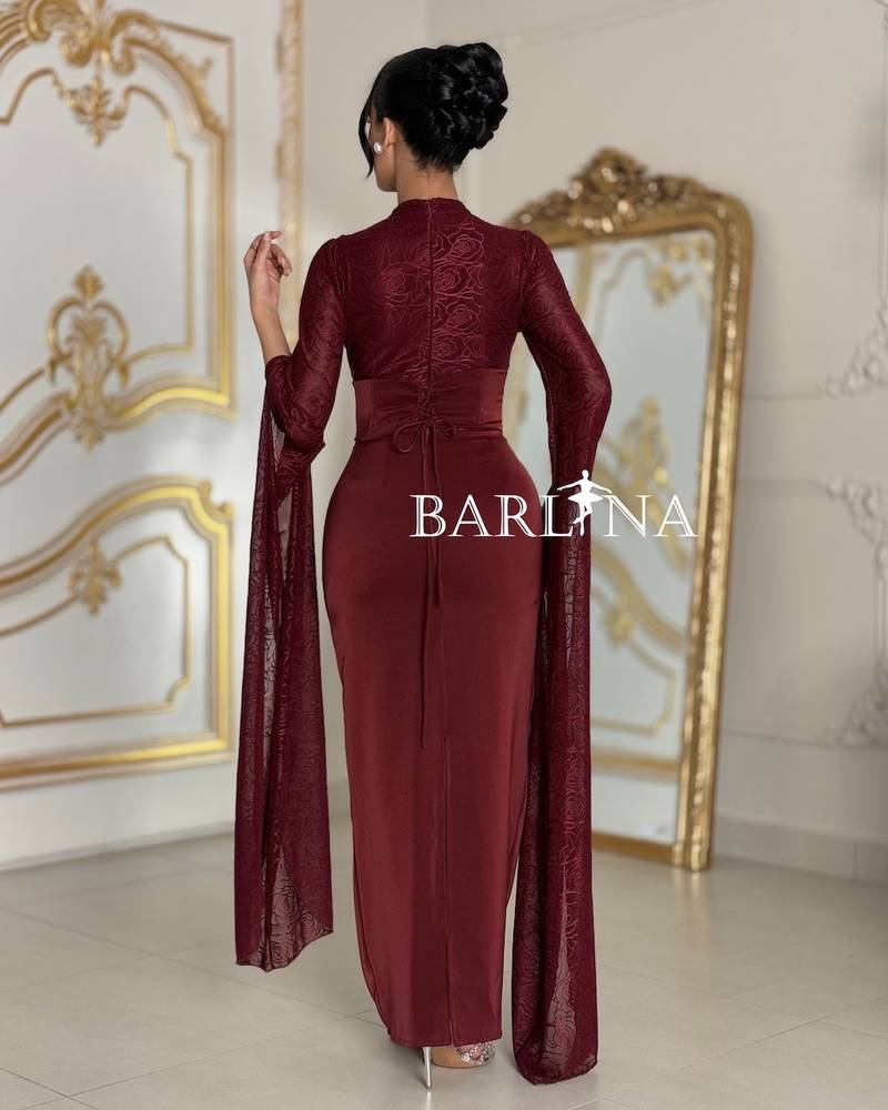 Long dress with sheer, draped sleeves