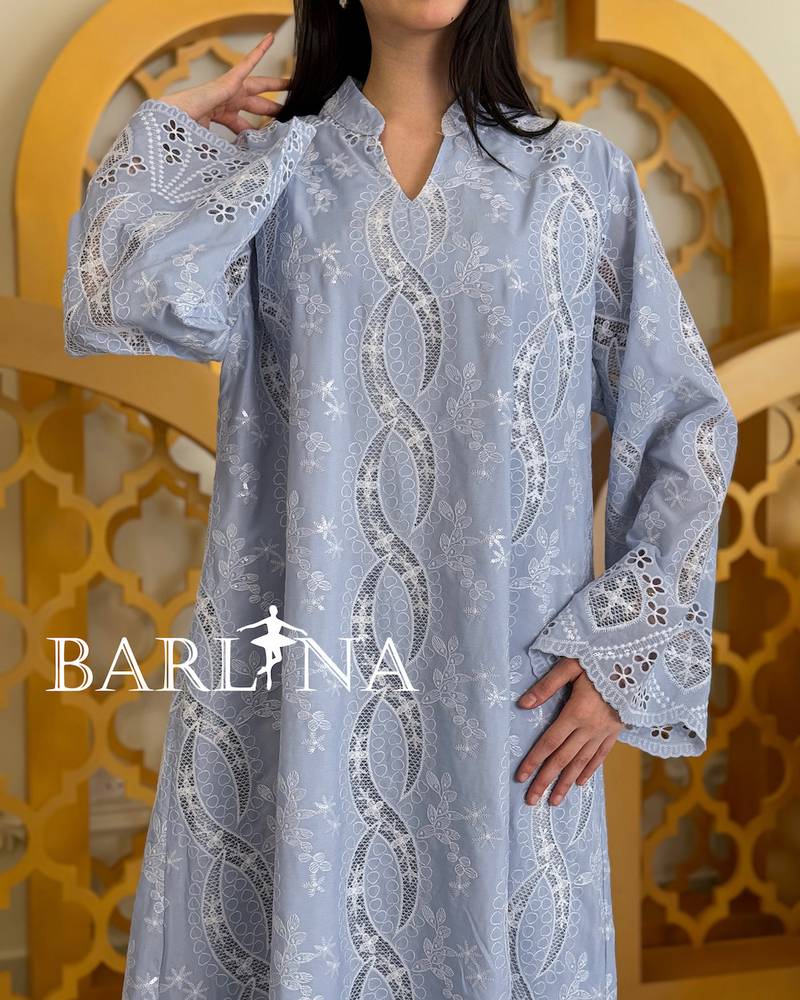 Long sky blue jalabiya with lace embroidery