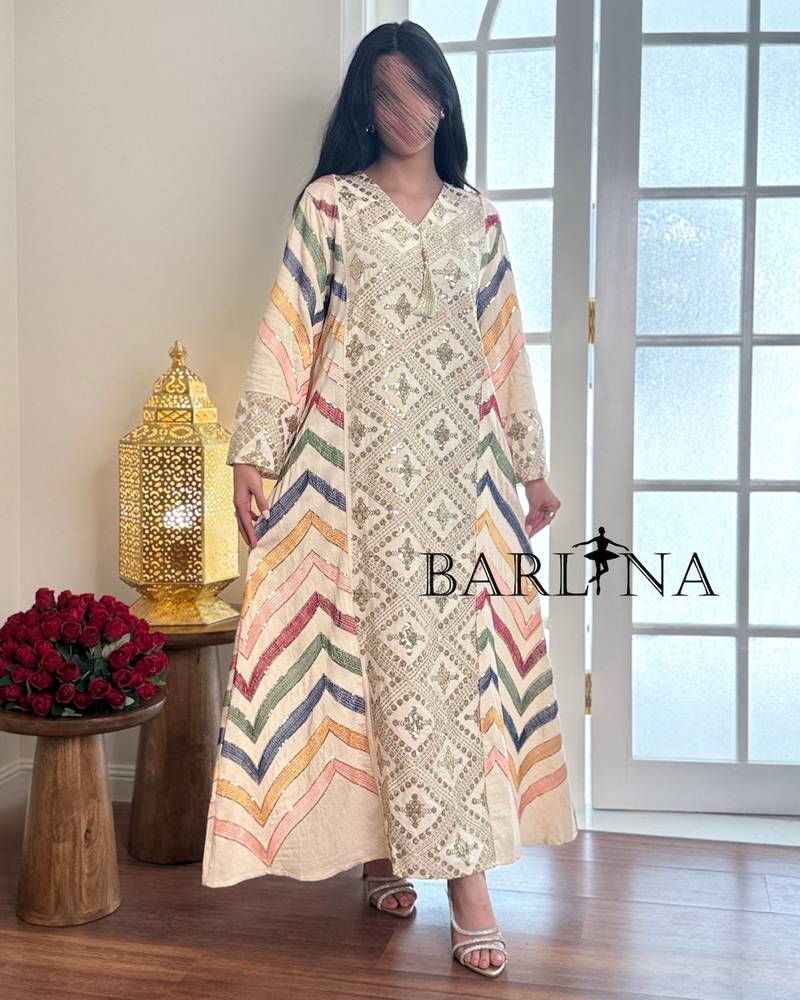 Soft, multi-colored jalabiya with front embroidery