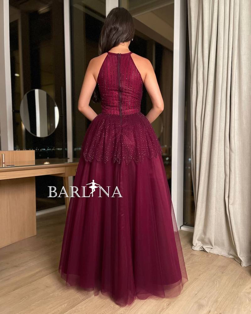 Burgundy dress with tulle and small stones