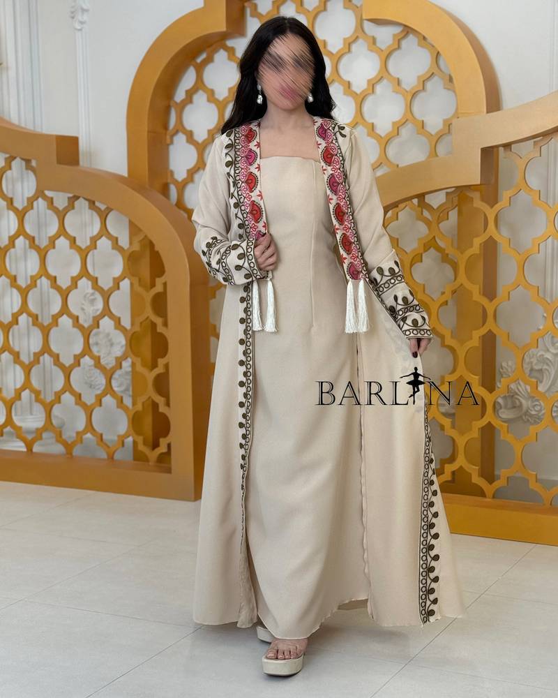 Beige jalabiya with a long embroidered skirt