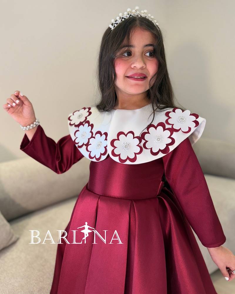 burgundy girls' dress with a white floral collar