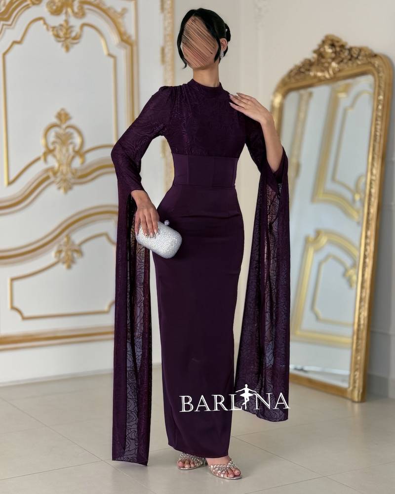 Long dress with sheer, draped sleeves
