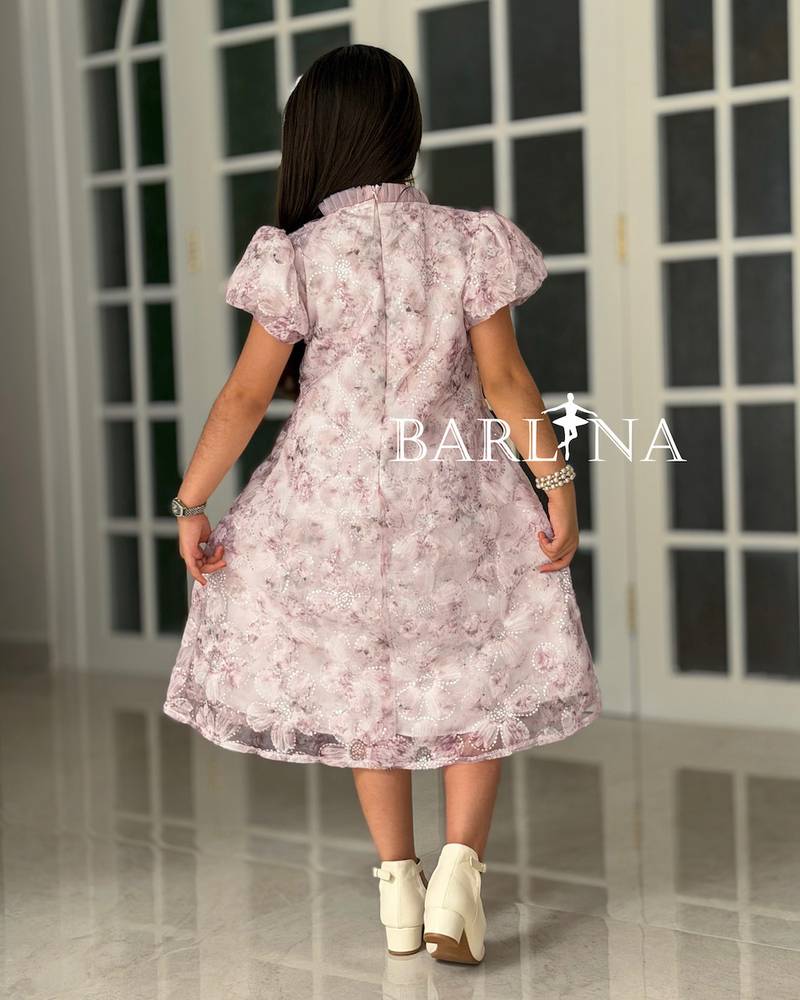 Pink embellished girl's dress with puff sleeves