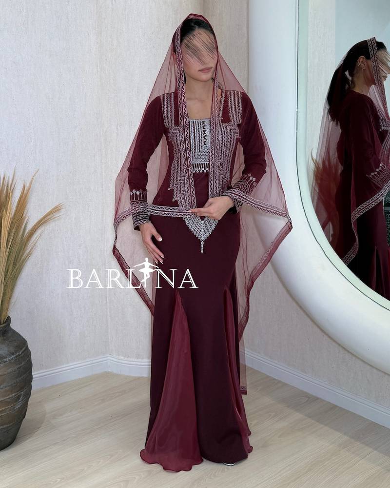 Burgundy jalabiya with silver embroidery and shawl