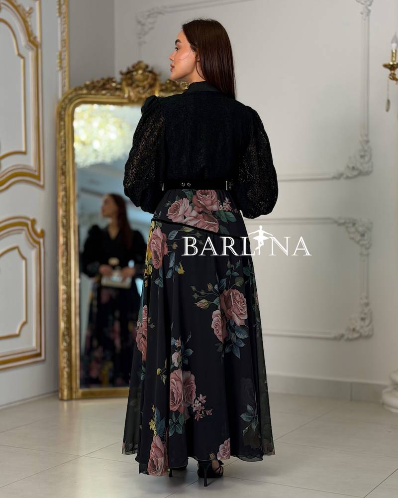 Long black floral dress with a belt