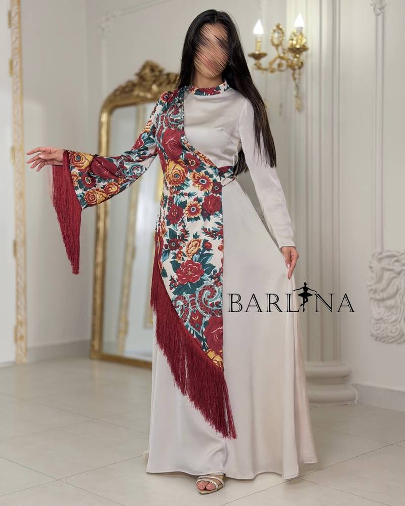 Long cream-colored jalabiya with a floral side scarf