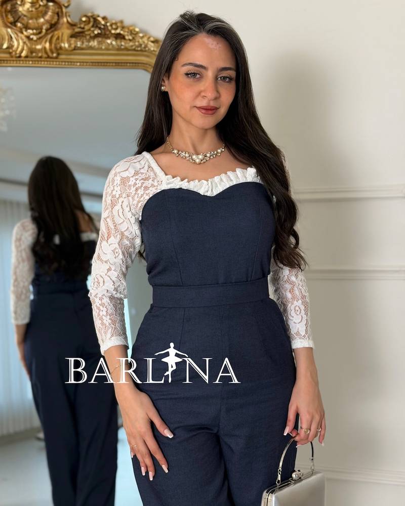 Navy jumpsuit with elegant lace sleeves