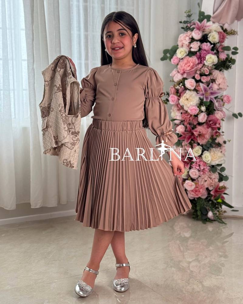 Brown two-piece girl's dress with a patterned jacket