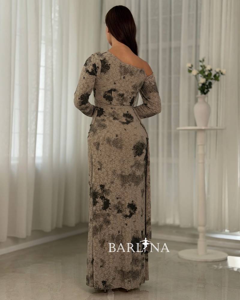 Dark gray draped dress with a front slit