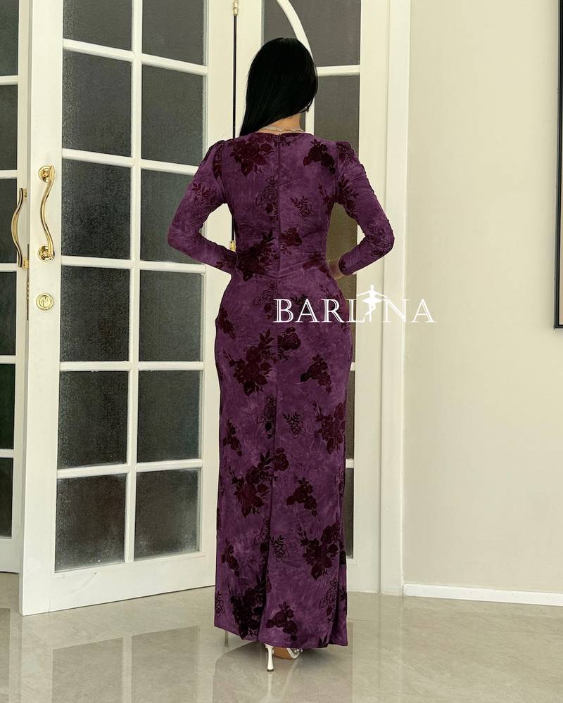 A soft purple dress with a velvet rose pattern