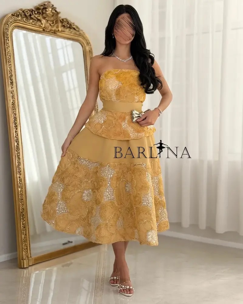 Gold midi evening dress with elegant embroidery