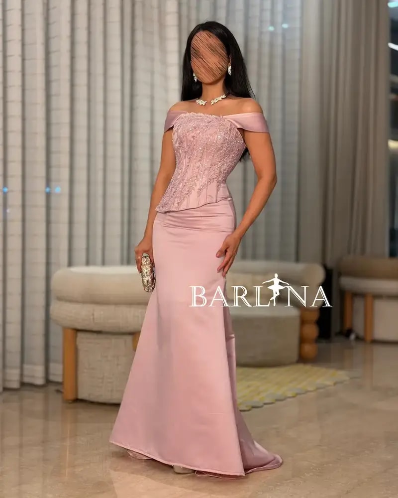 Pink off-shoulder evening dress with delicate embroidery