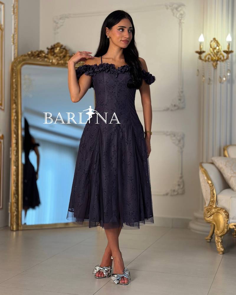 Purple lace tulle dress with a floral collar