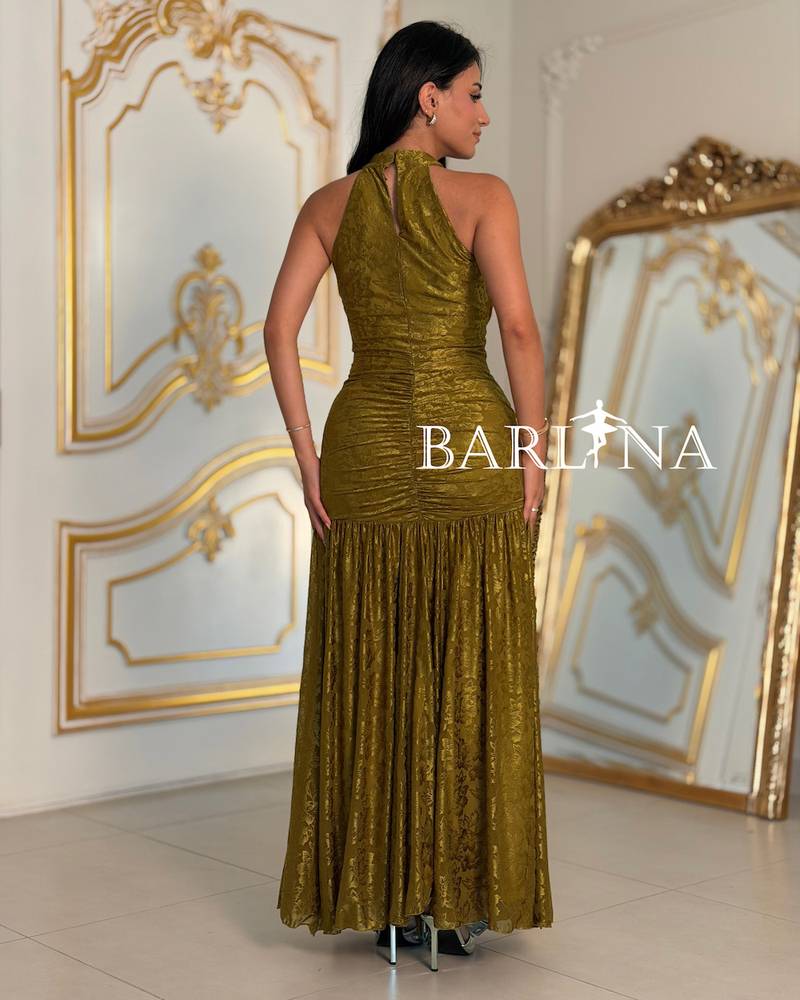 Halter neck evening dress with patterned fabric