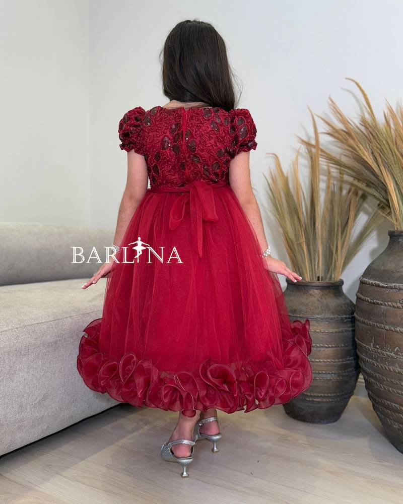 Girls' burgundy tulle dress with an embroidered bodice