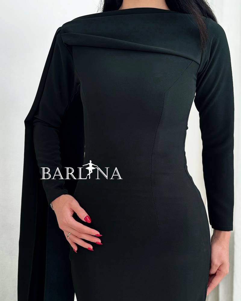 An olive-green dress with a draped cape over the shoulder