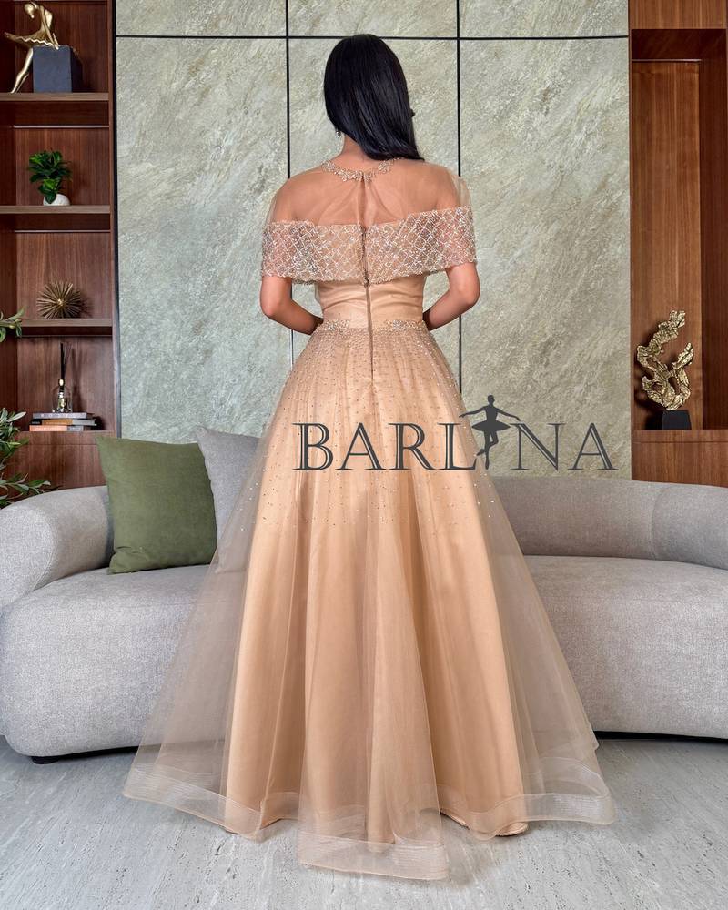 Beige off-the-shoulder dress with shiny embroidery