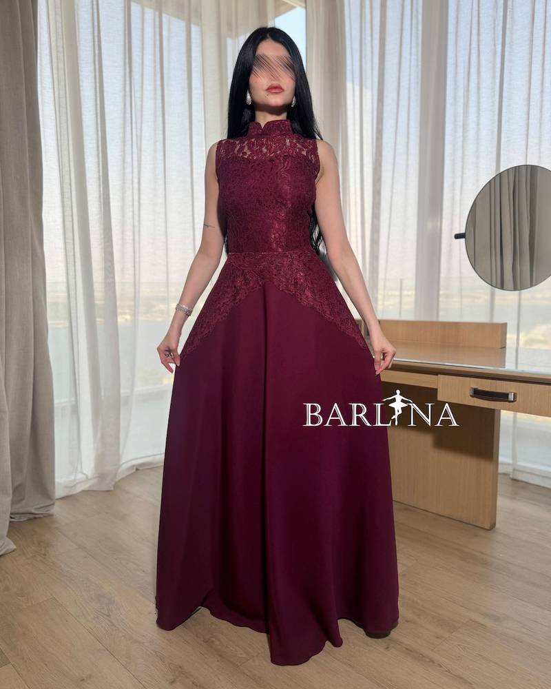 Burgundy lace dress with a high neck