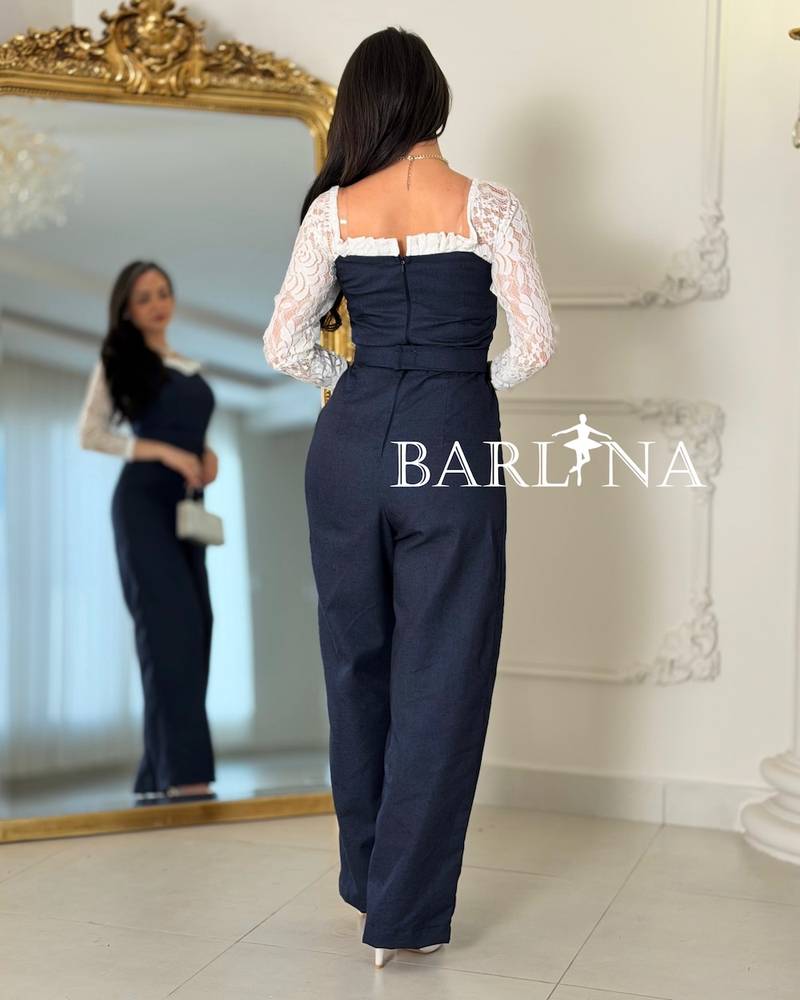 Navy jumpsuit with elegant lace sleeves