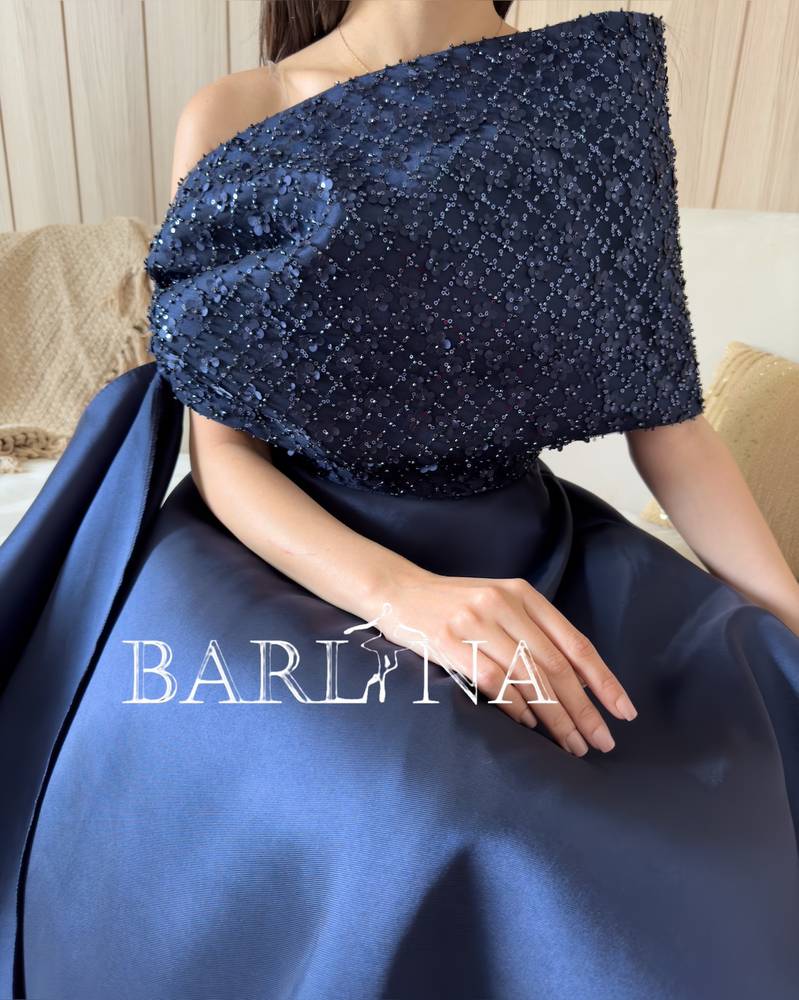Wide shoulder navy blue dress