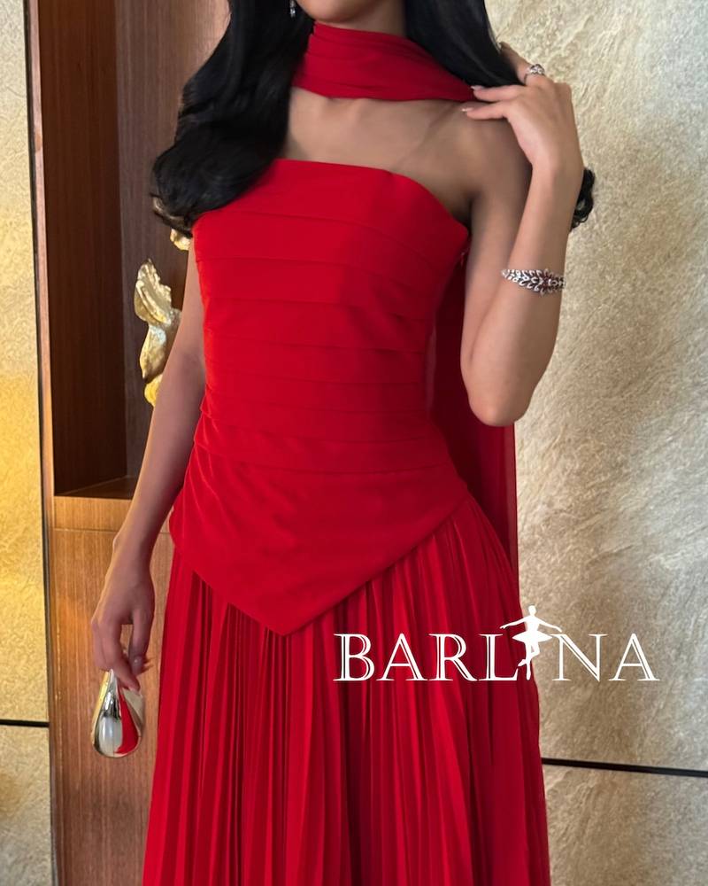 Red pleated dress with separate shawl