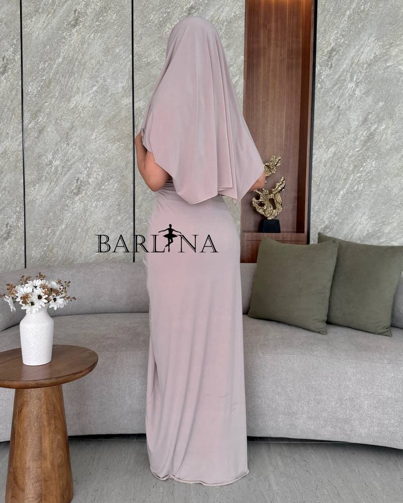 Draped nude dress with head cover