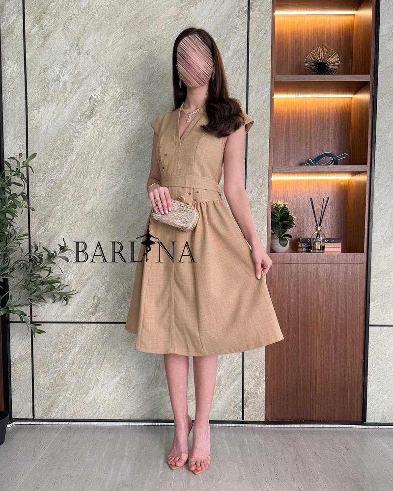 Elegant brown dress with simple embroidery on the waist