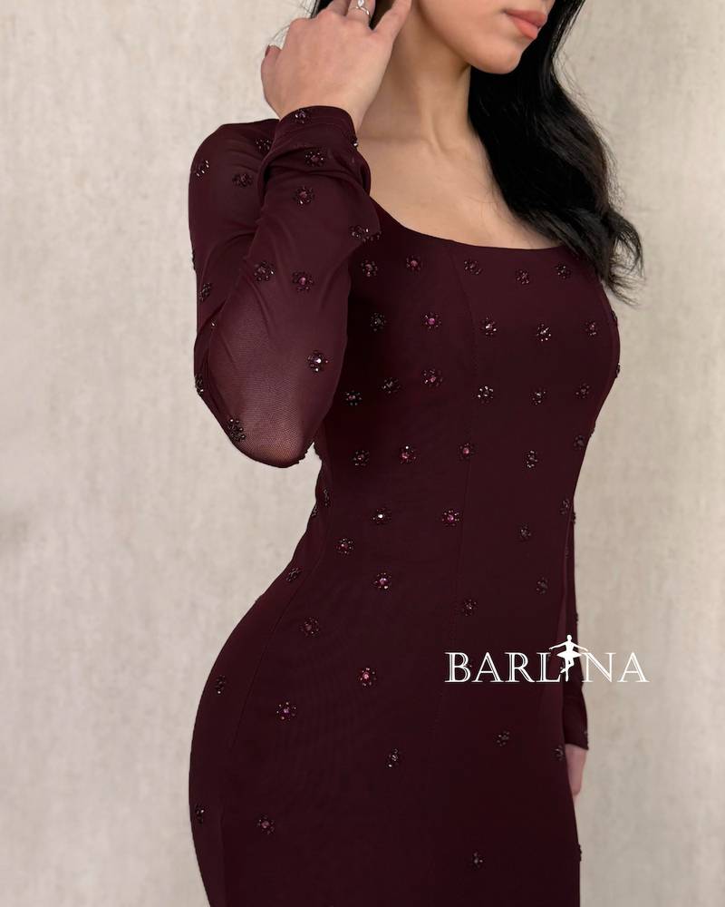 Long burgundy fitted dress with delicate embellishments
