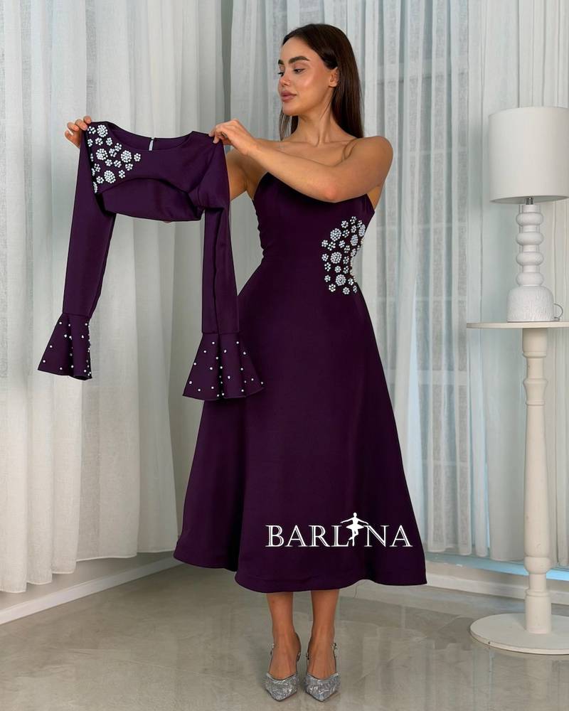 Dark purple two-piece dress with bell sleeves