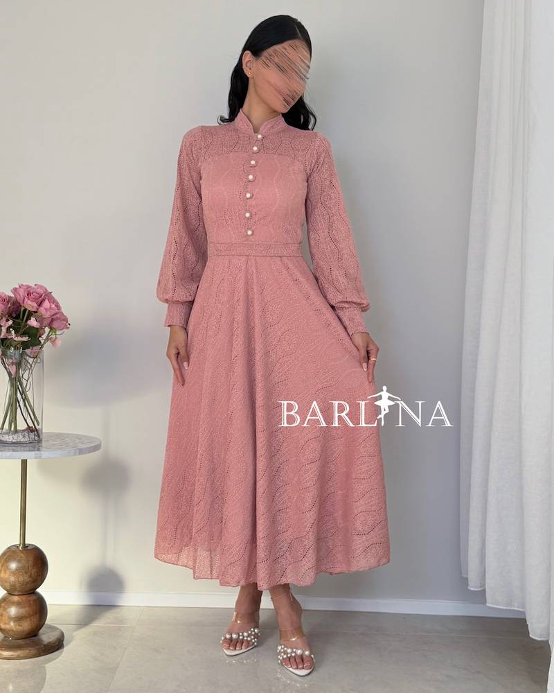 Soft pink lace dress with pearl buttons