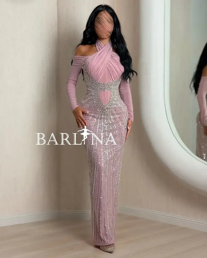 Pink evening dress with a cross-neck halter neck