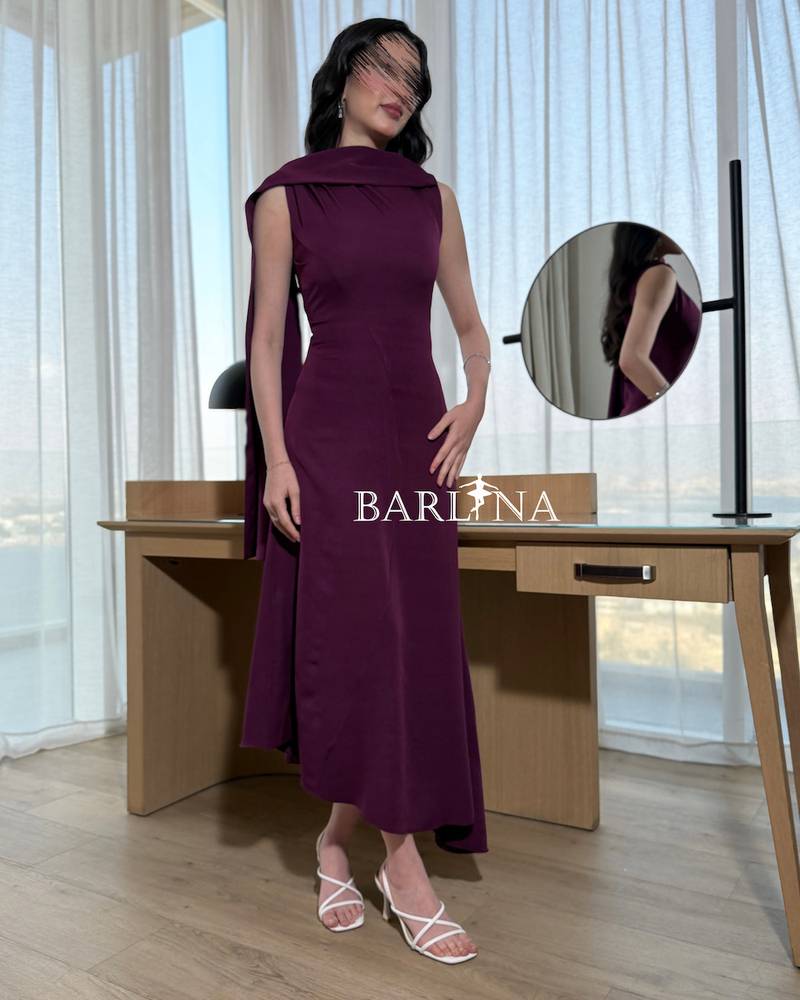 Purple dress with a slanted shoulder scarf