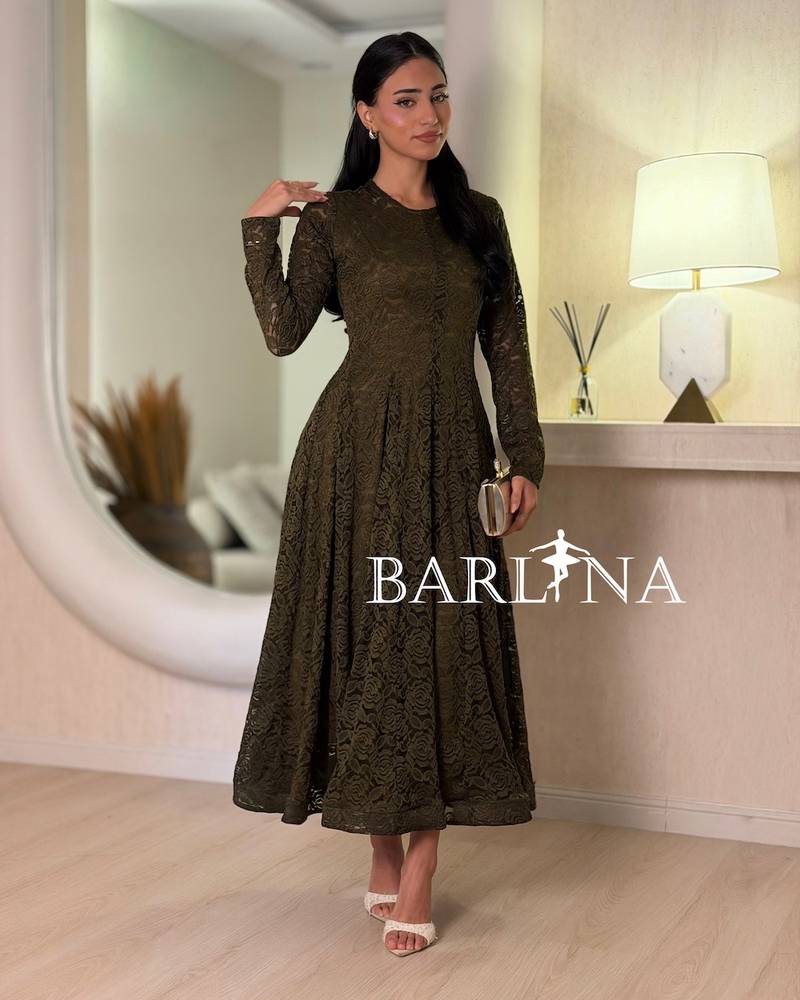 Olive green lace flared dress with a round neckline