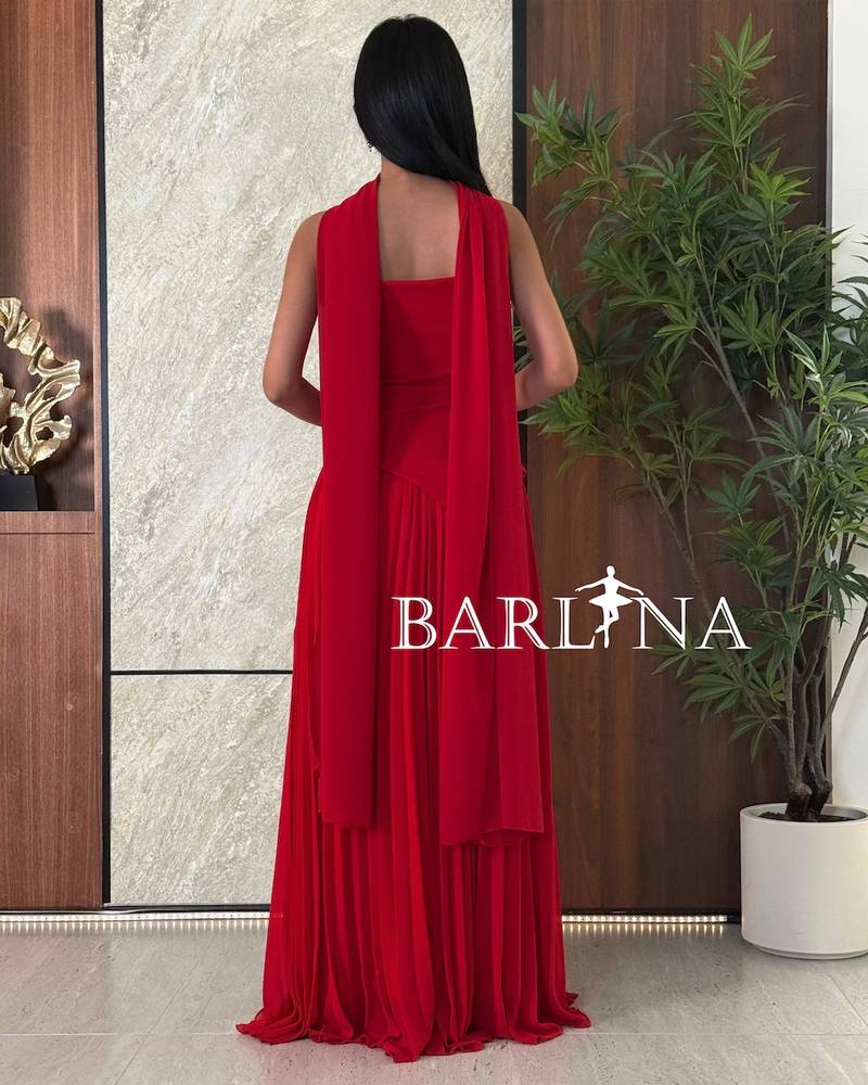 Red pleated dress with separate shawl