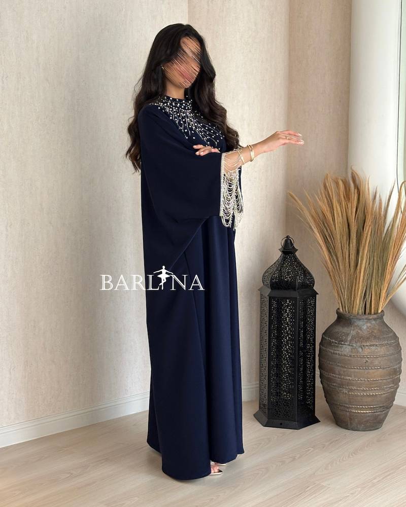 Wide navy blue jalabiya with chest embroidery