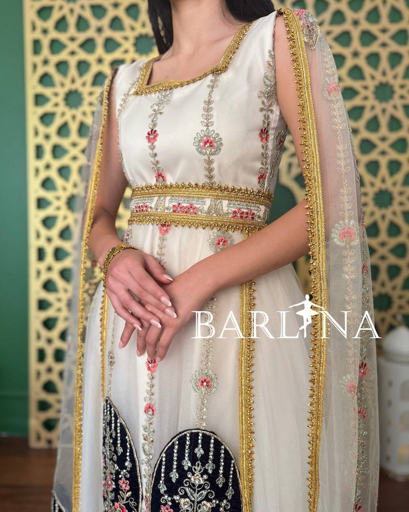 Ivory embroidered jalabiya with elegant gold trim