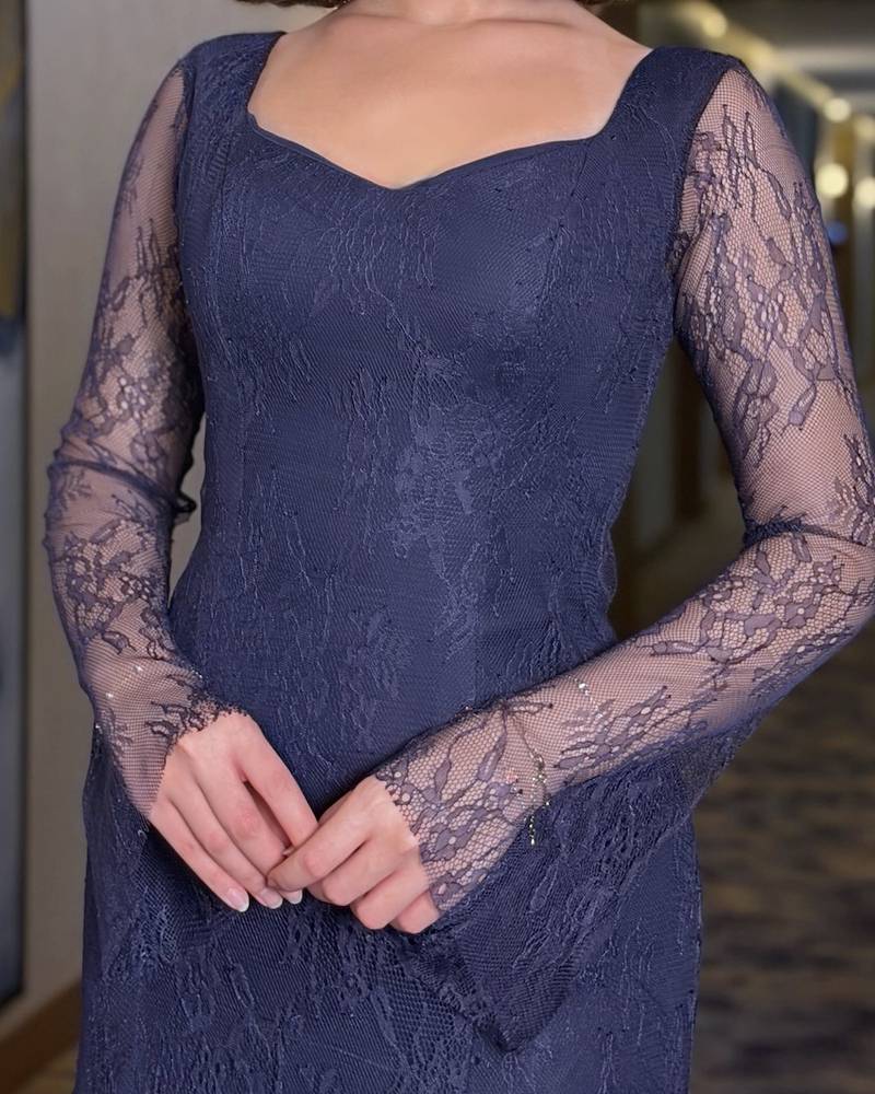 Navy lace dress with long sheer sleeves
