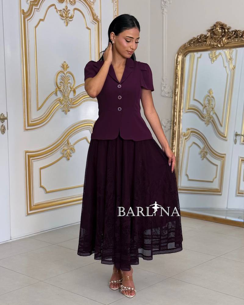 Soft purple two-piece set with lace details