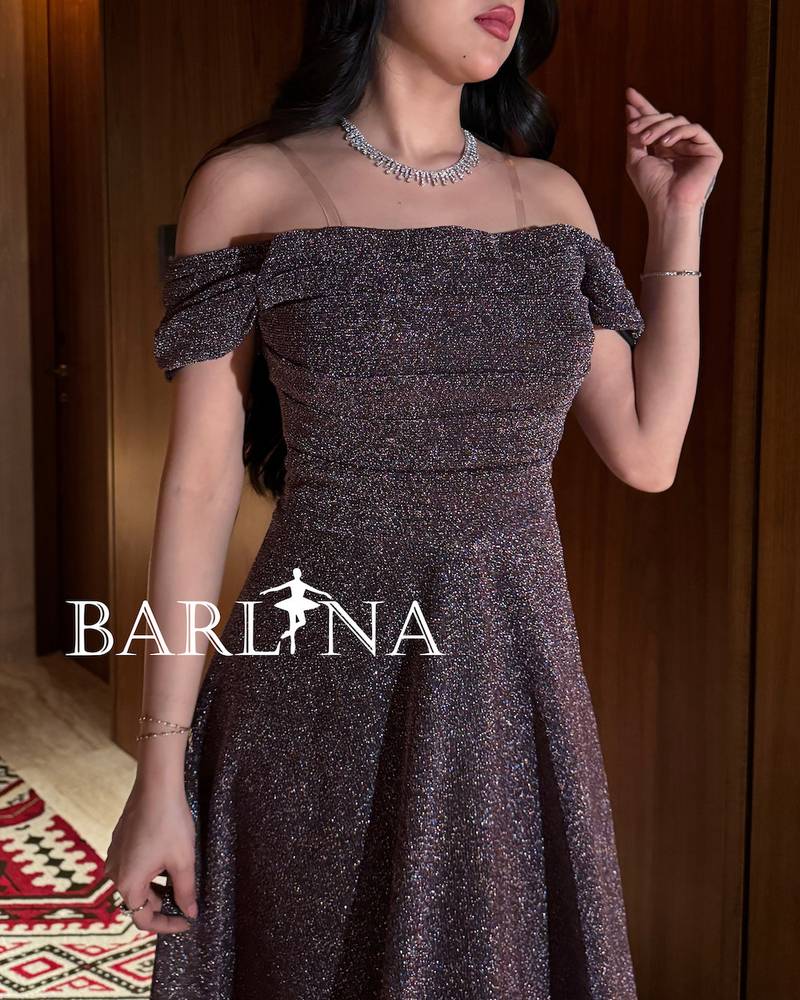 Purple off-shoulder dress with luxurious sheen