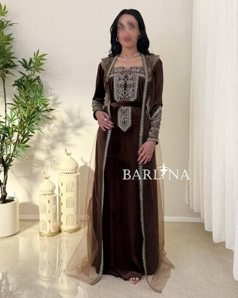 Brown velvet jalabiya with oriental embroidery