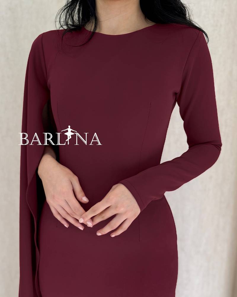 Burgundy dress with a simple design and long sleeves