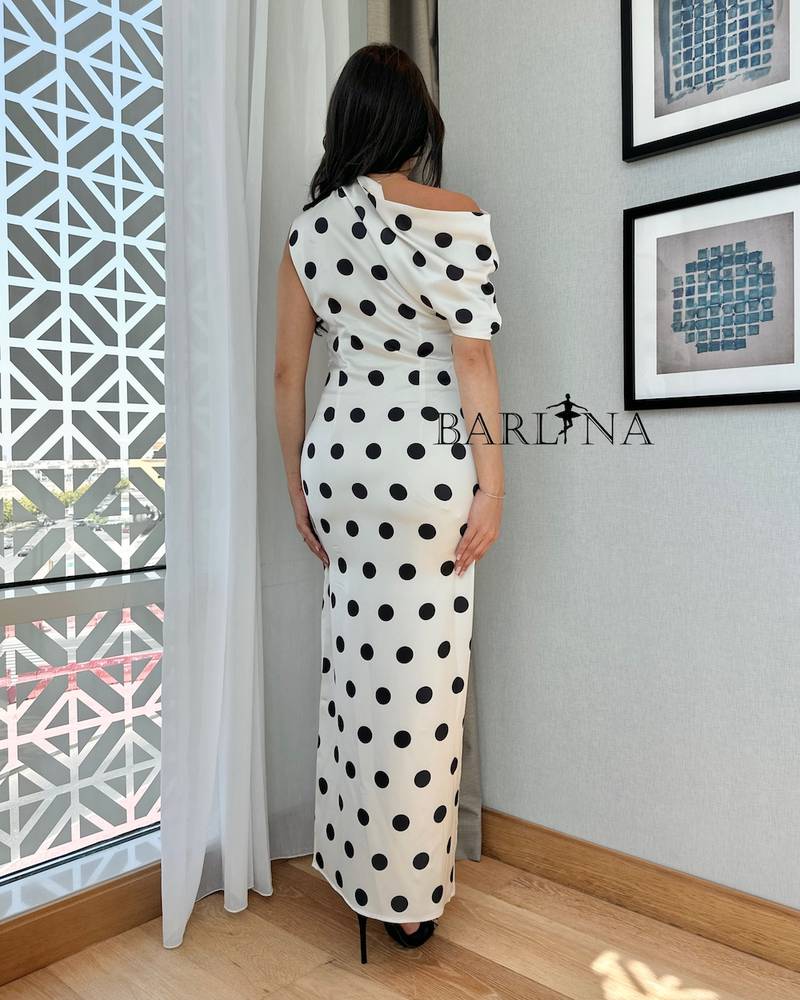 White one-shoulder polka-print dress