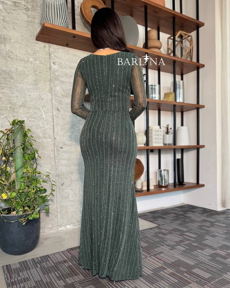 Shiny olive green dress with a soft wrap design