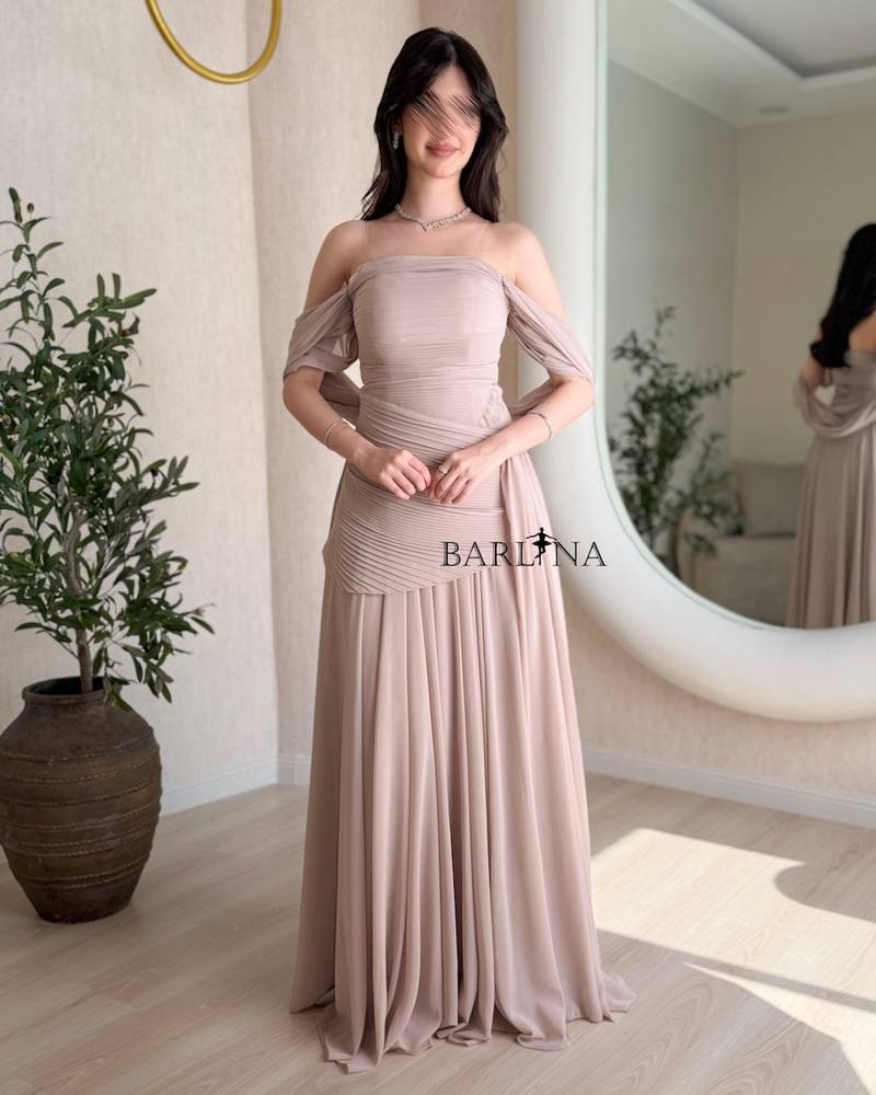 Beige dress with soft pleats and dropped shoulders
