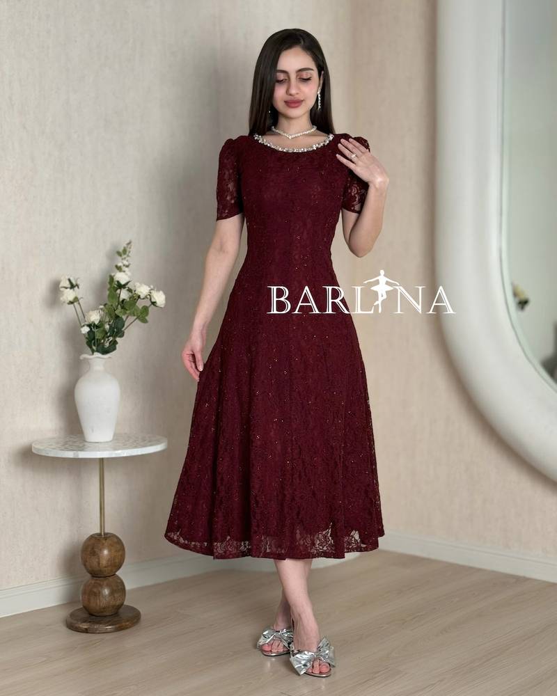 Burgundy dress with crystal embroidered neckline