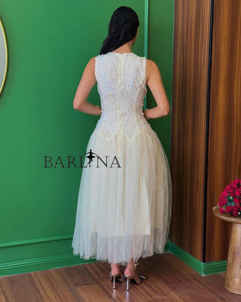 White dress with a light tulle layer over lace