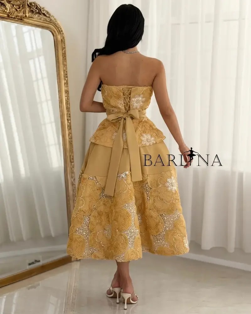 Gold midi evening dress with elegant embroidery