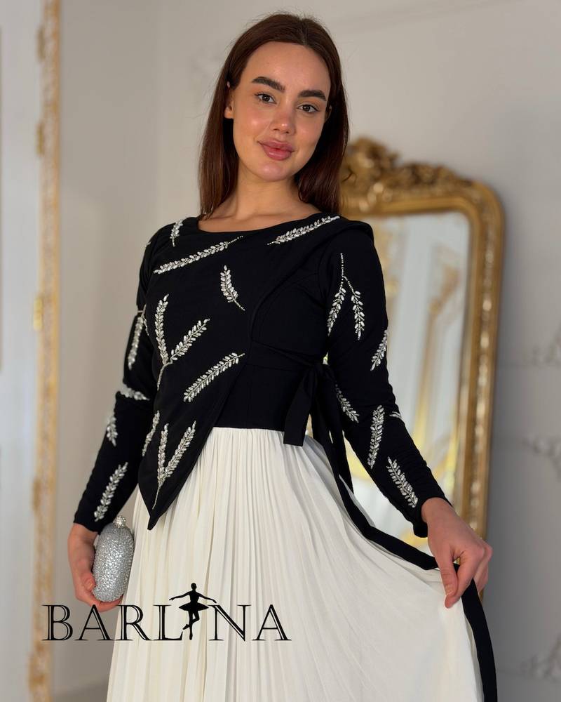 A black and white dress with elegant embroidery