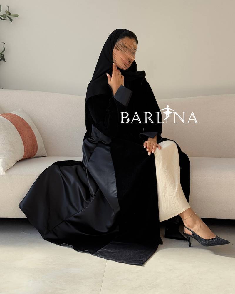 Black velvet abaya with shiny side details